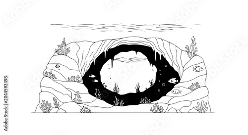Foto Underwater cave entrance with fish and marine life, line art illustration