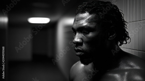 Black and white portrait of a contemplative man in a dark corridor