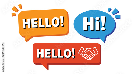  hello and hi speech bubble chat icons set with handshake symbol, friendly communication greeting labels, colorful conversation vector illustration