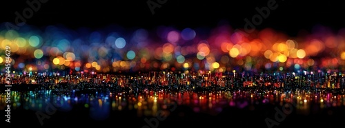 Vibrant Cityscape at Night with Blurry Colorful Lights and Reflections Creating a Festive and Magical Atmosphere