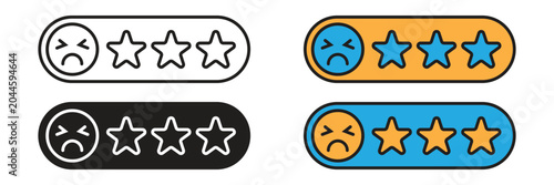 Low Star Rating Icon and Sad Face. Customer feedback rating vector icon collection showing an unhappy sad face expression with low star evaluation for review system.