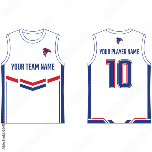 White basketball jersey mockup with red and blue geometric graphic design