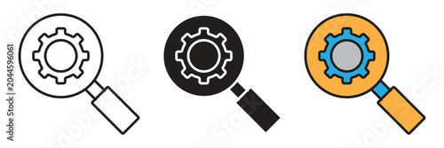 Magnifying Glass Icon And Search Engine Process. Process optimization research search icon set showcasing a traditional magnifying glass tool exploring a central mechanical cogwheel gear vector.
