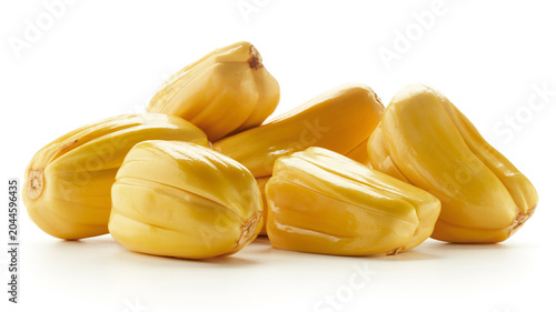 Pile of ripe yellow jackfruit bulbs on a white background