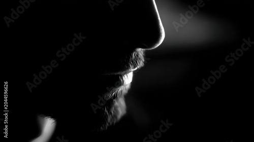 Dramatic silhouette of a bearded person in black and white