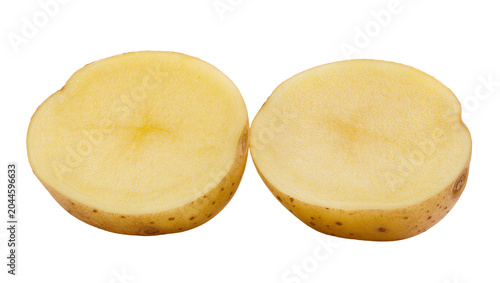 Quadro su tela Two halves of a raw potato showing yellow flesh and brown skin