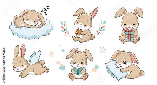 Cute Cartoon Bunny Set Posing with Cookies, Gifts, and Books