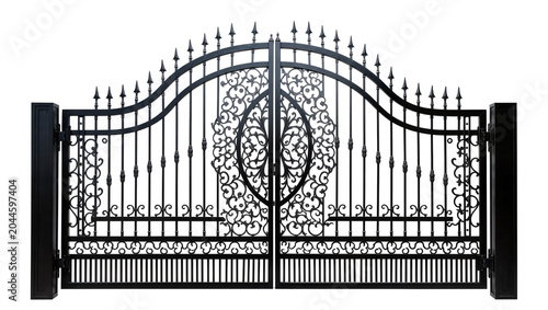 Obraz na płótnie Black ornate wrought iron double gate with decorative scrollwork and finials