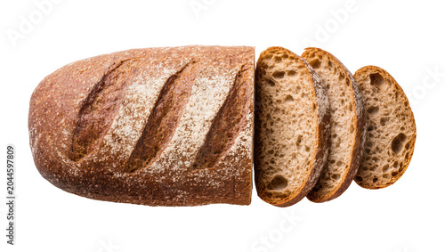 Foto Whole and sliced rustic whole wheat bread loaf