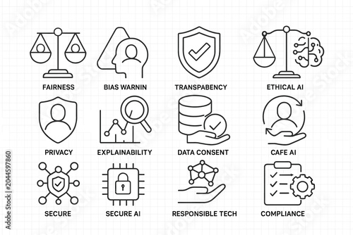 Ethical ai concepts illustrated with icon set on grid background
