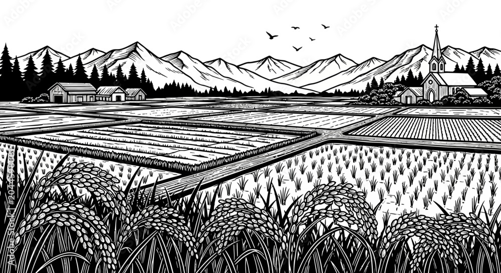 Fototapeta premium Lush Rice Paddy Fields Under Majestic Mountains with Birds Soaring Above