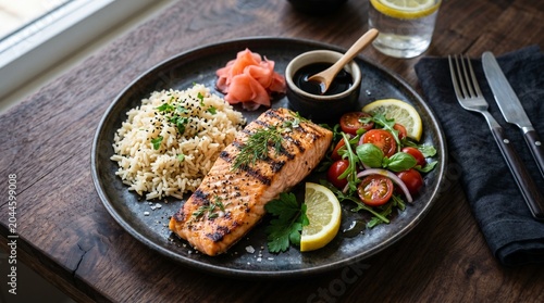 Grilled salmon fillet served with seasoned rice, fresh tomato salad, lemon slices, and ginger on a dark plate over a rustic wooden table background.