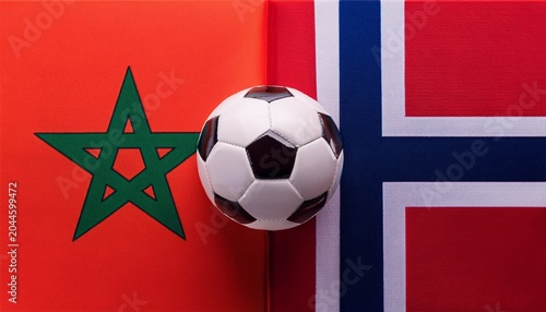 Soccer ball between Morocco flag and Norway flag