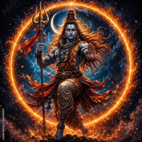 Celestial lord shiva dancing within ring of fire against starry nebula and crescent moon.