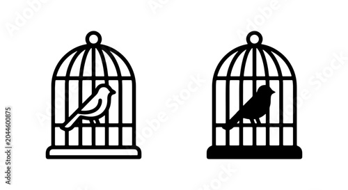 Tableau sur toile Minimalist birdcage icon set, black bird silhouette in cage, linear pet shop vec