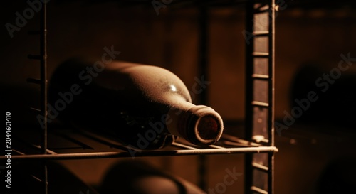 Wine bottle placed on a shelving unit in a dimly lit cellar environment