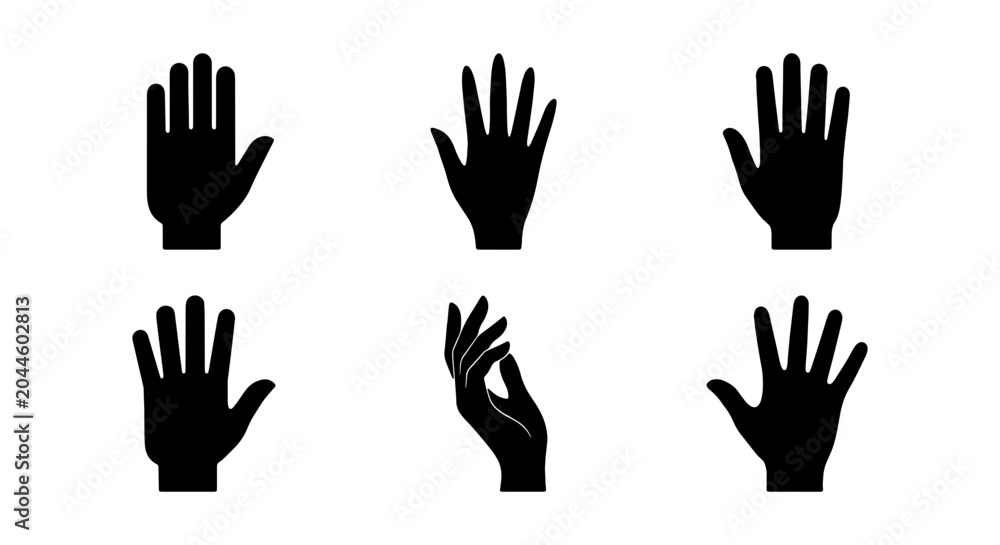 Obraz premium Set of 6 Black Silhouette Hand Icons, Diverse Poses, Vector Graphics