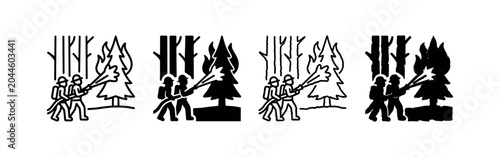 Fotografie Firefighters battling forest fire icon set.