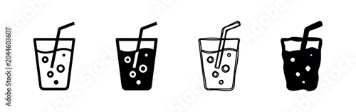 Foto Glass of sparkling soda or fizzy drink with a straw, refreshing beverage icon set