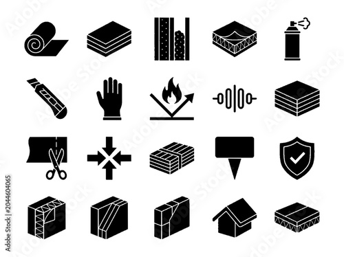 Insulation Building Envelope Glyph Icon Set with Construction Materials
