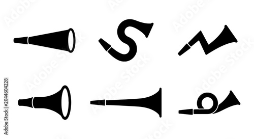Vector Horn Icons Set: Brass Instruments, Musical Symbols, Sound Signals
