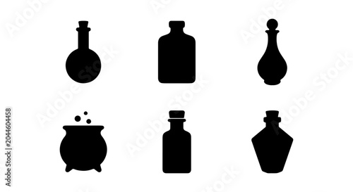 Tableau sur toile Potion Bottle Icons, Potion Container Silhouettes, Witch Cauldron Vector Set