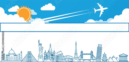 Travel and tourism banner with world landmarks, airplane flying in blue sky with sun and clouds, global vacation and trip concept vector