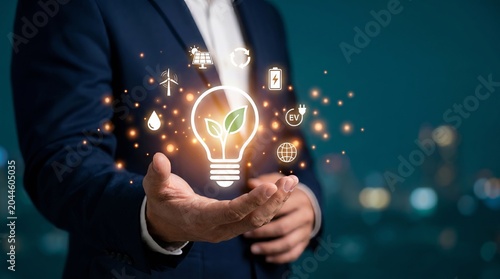 Innovative eco-friendly solutions concept, a glowing lightbulb filled with green leaves, surrounded by environmental icons and sparkling lights, held in a businessman's hands