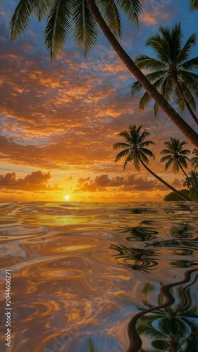 Vibrant orange sunset over tropical sea with palm tree silhouettes reflecting on moving ocean waves vertical composition for summer holiday design