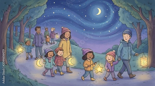 Evening Lantern Walk, Children and Adults, Starry Night Trail, Illustration, Family-Friendly, Peaceful, Community Spirit