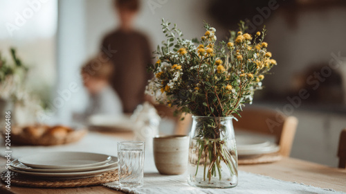 Easter home celebration spring table wildflower bouquet vase family kitchen rustic dining with warm cozy mood