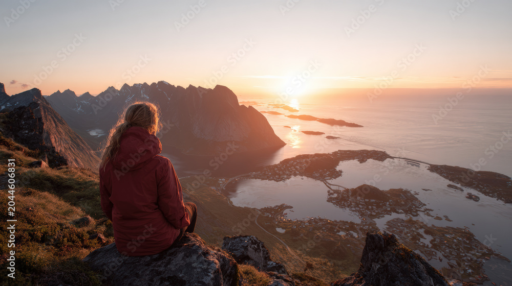 Fototapeta premium Woman hiking mountain sunset coastal landscape fjord sea woman back view red jacket silhouette peak ridge cliff viewpoint