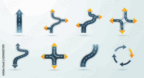 Road navigation arrows and path direction infographic icons