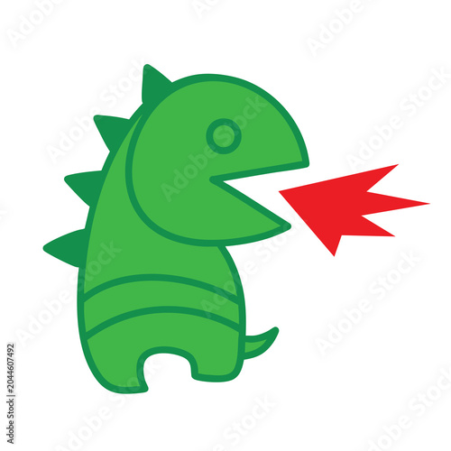 Cute cartoon green dinosaur breathing red fire icon.