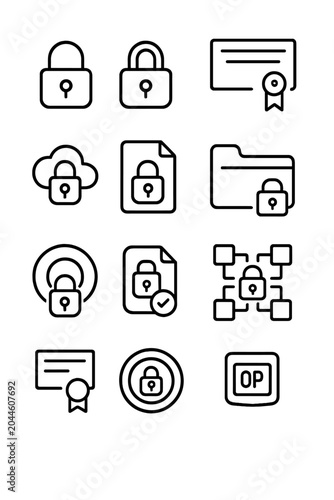 Black outline security icons on gray background for digital protection