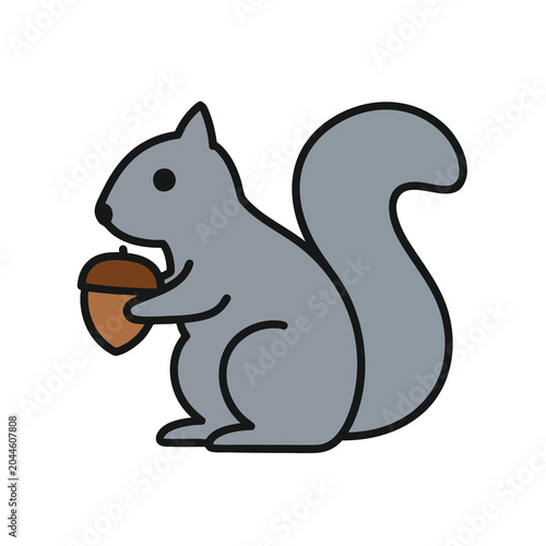 Cute cartoon gray squirrel holding an acorn illustration.