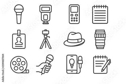 Journalism icons set: microphone, camera, notebook, tripod, hat, id badge