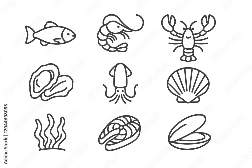Obraz premium Stylized seafood icons featuring fish, shrimp, lobster, squid, shells, seaweed