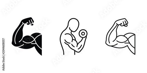 Fotografie Icon set of muscular arms flexing and a man lifting a dumbbell for bodybuilding