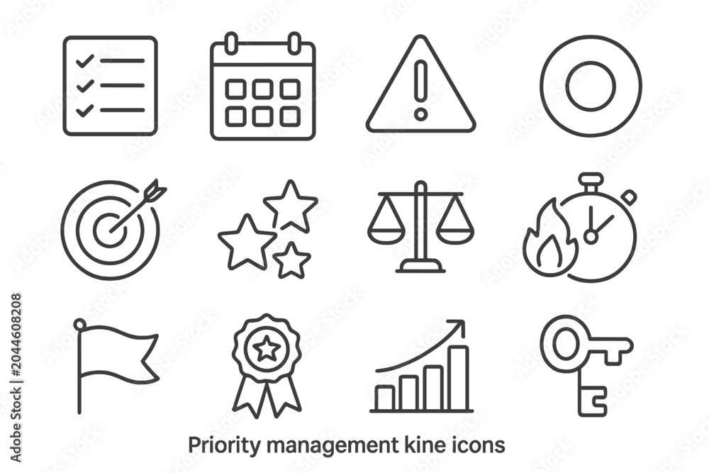 Fototapeta premium Priority management icons set: calendar, checklist, target, stopwatch, key