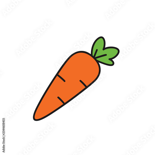 A simple hand drawn orange carrot icon with green leafy top isolated on white background.