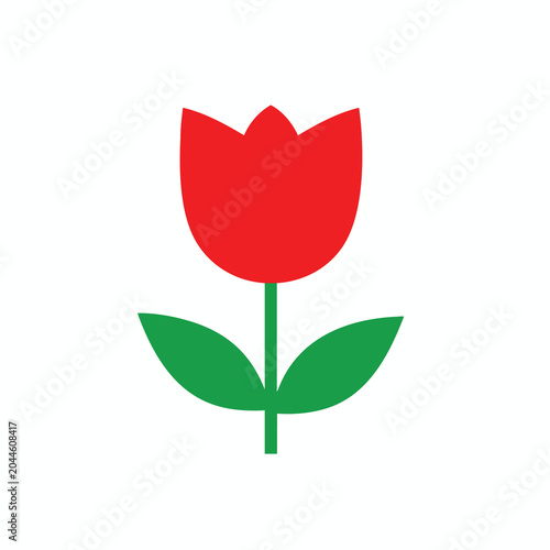 Minimalist vector icon of a red tulip flower with green leaves.