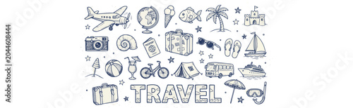 Hand drawn travel icons set, summer vacation doodle elements, blue sketch holiday illustrations for tourism and trip planning, vector graphics