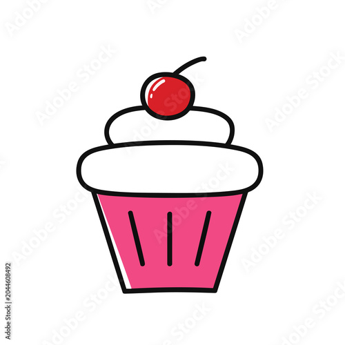 Cute Cartoon Cupcake Icon With A Red Cherry On Top.