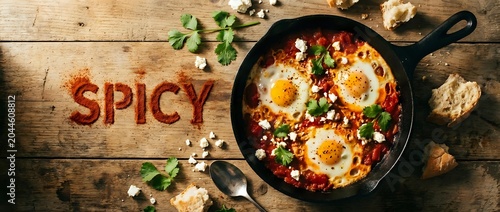 Spicy shakshuka with poached eggs in tomato sauce, feta cheese, fresh herbs in cast iron skillet on rustic wooden table, top view.