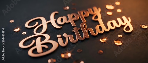 Happy Birthday text in rose gold metallic lettering with shiny sequins on dark background, elegant celebration greeting card design.