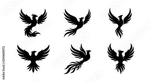 Photos Mythical Phoenix Vector Icons, Fiery Bird Silhouettes, Legend Symbol Graphics