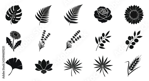 Black leaf and flower silhouettes set