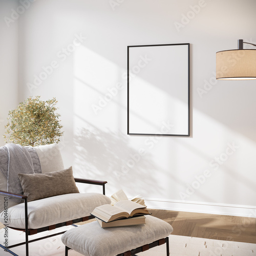 Modern living room frame mockup with blank poster and armchair