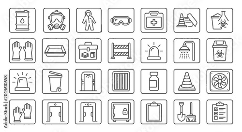 Hazmat Compliance Workflow Outline Icon Set with Safety Equipment